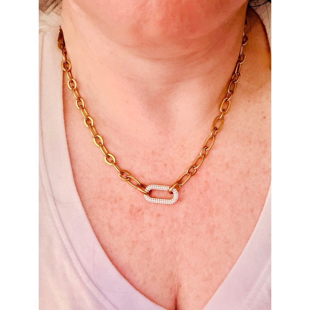 Stainless Steel Gold Link Chain Necklace Zircon Pave Carabiner Pendant Women - Picture 4 of 4
